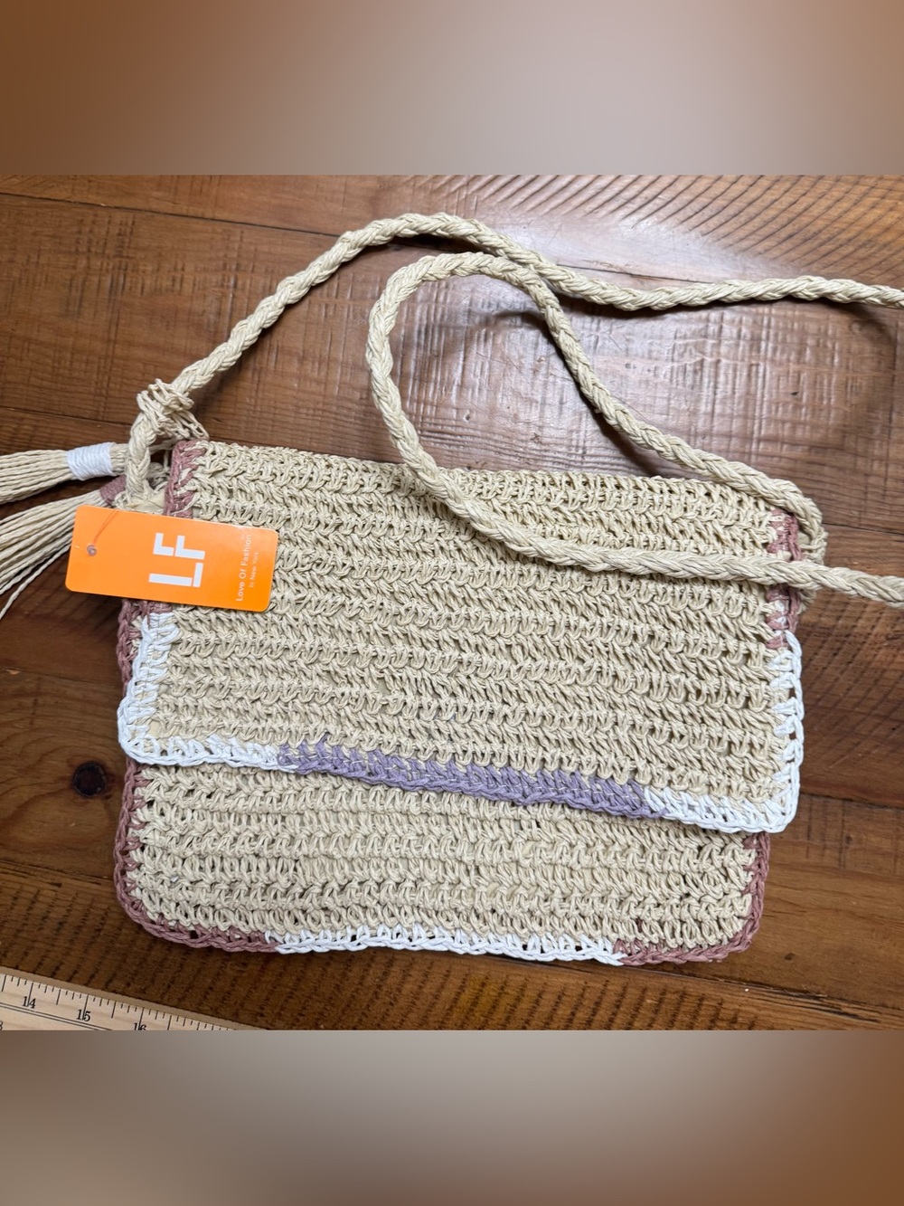 LF Crochet Crossbody Bag in Natural with Pink, White & Lilac Trim